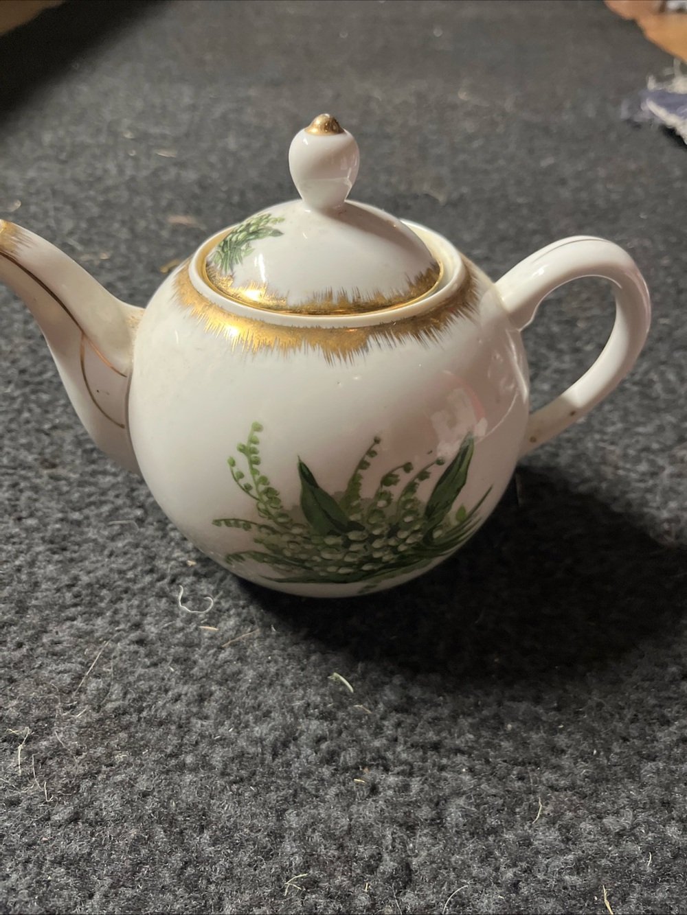 Porcelain Teapot in White with Green Botanical Design and Gold Trim
